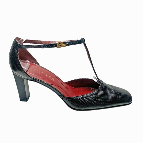 LAUREN Ralph Lauren Reptile Embossed Leather T-Strap Heels - Picture 10 of 11